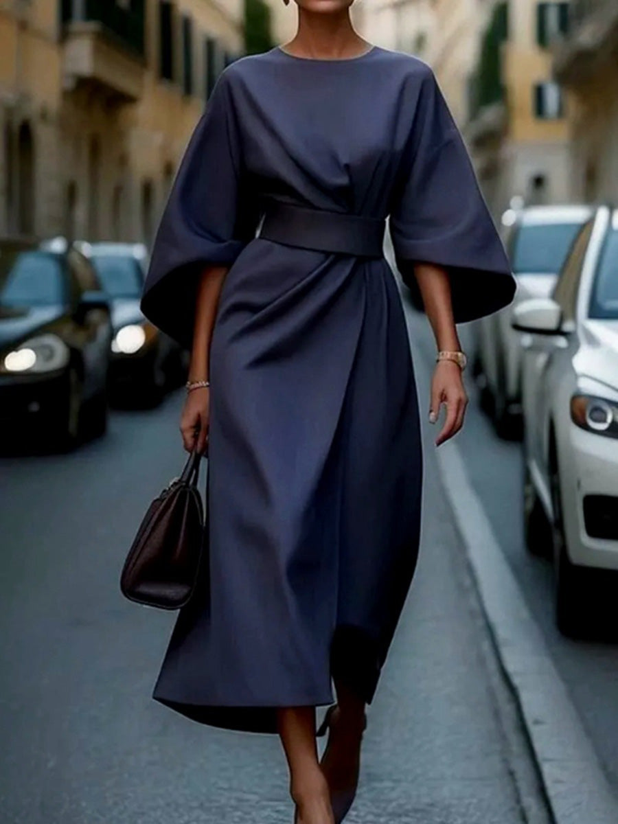 Elegant Ruched Waist-Defining Solid Color Dress