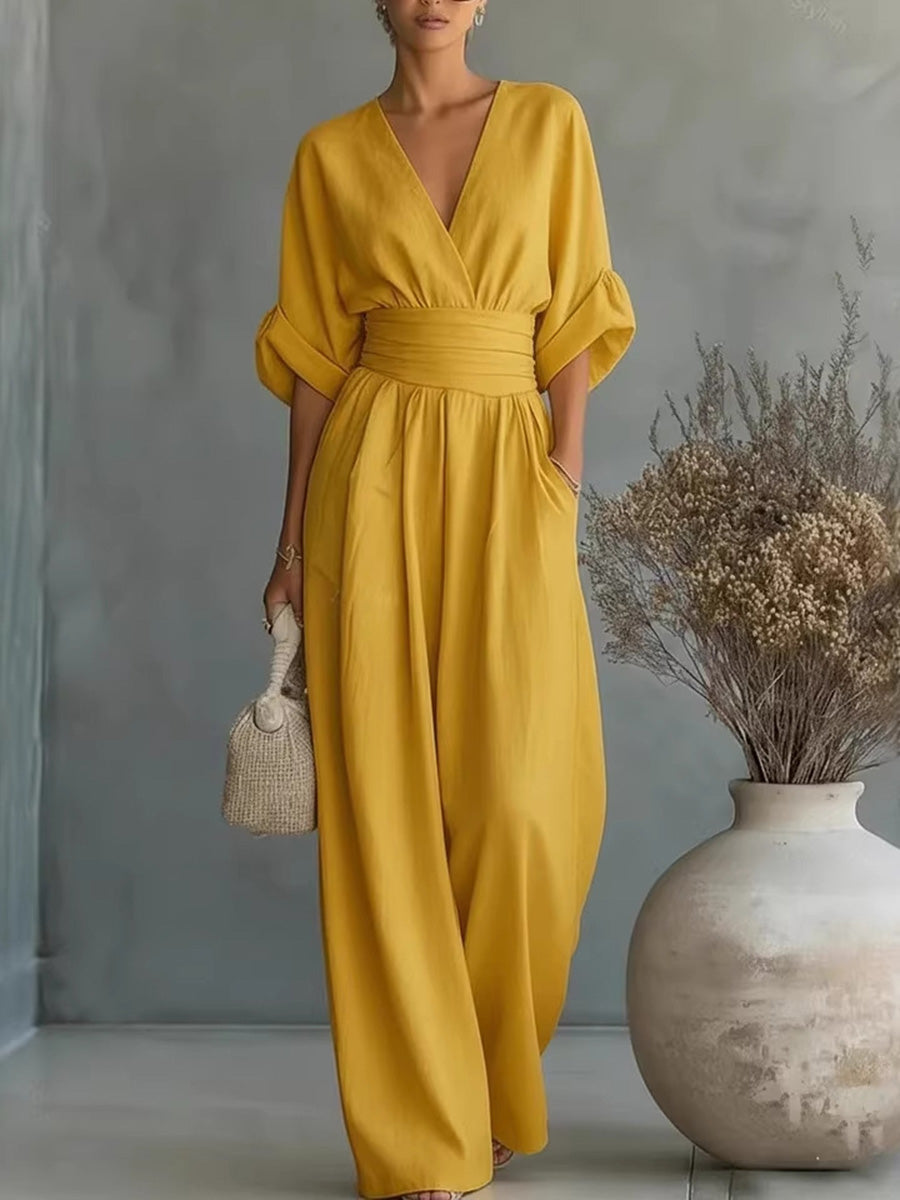 Elegant V-Neck Cinched Waist Jumpsuit