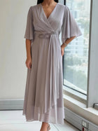 Elegant V-Neck Pleated Asymmetric Maxi Dress