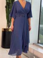 Elegant V-Neck Pleated Asymmetric Maxi Dress