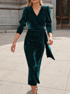 Elegant V-Neck Velvet Tie-Waist Dress