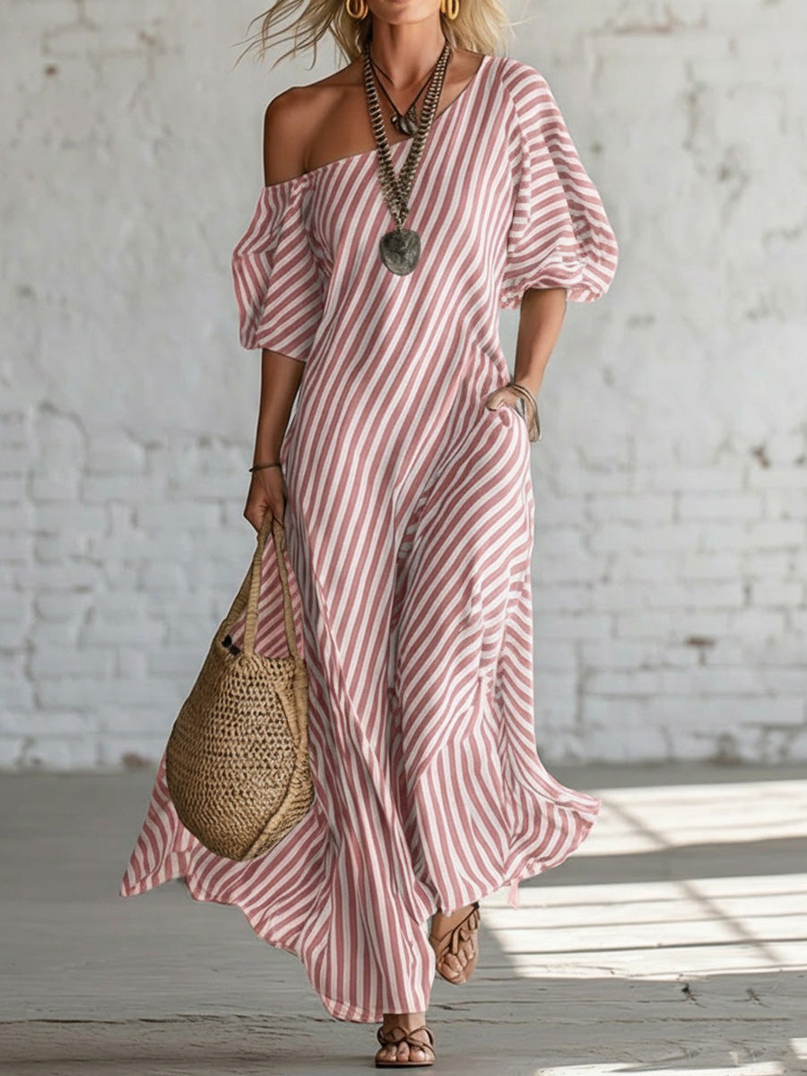 Flattering Striped One-Shoulder Maxi Dress