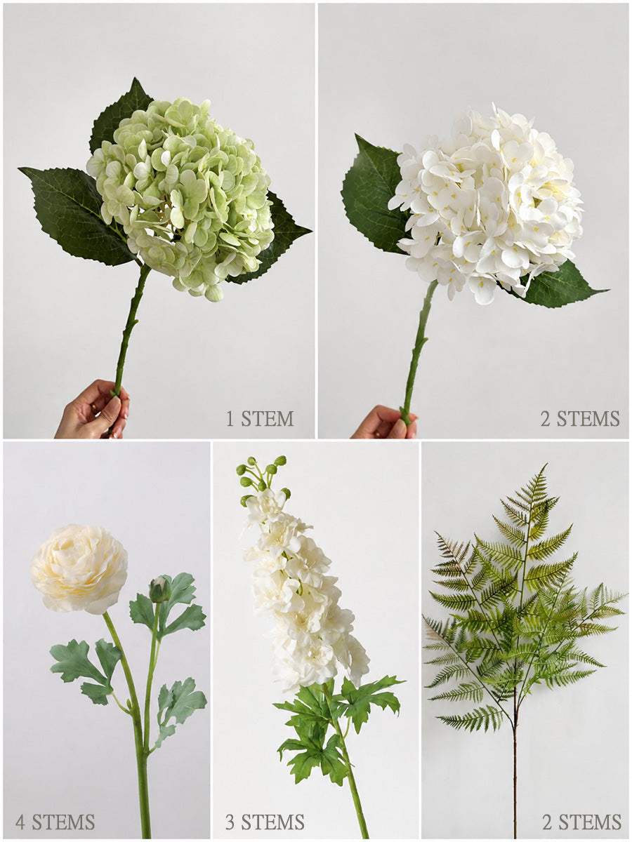 White & Green Garden Faux Floral Arrangement details