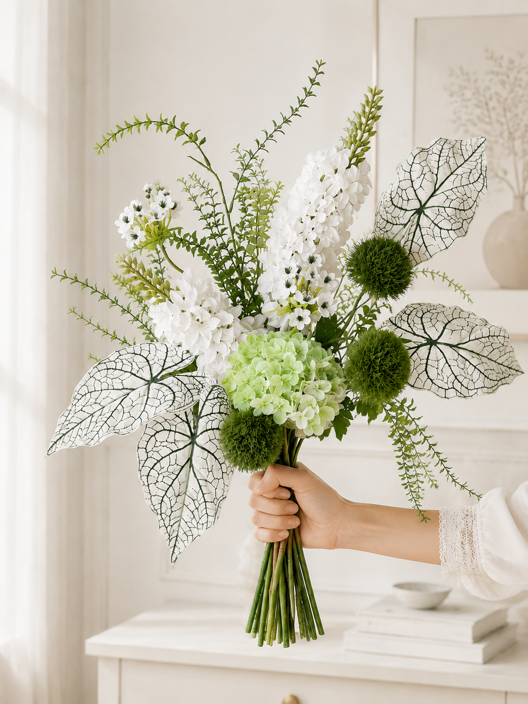 Green Hydrangea & Alocasia Faux Floral Arrangement details