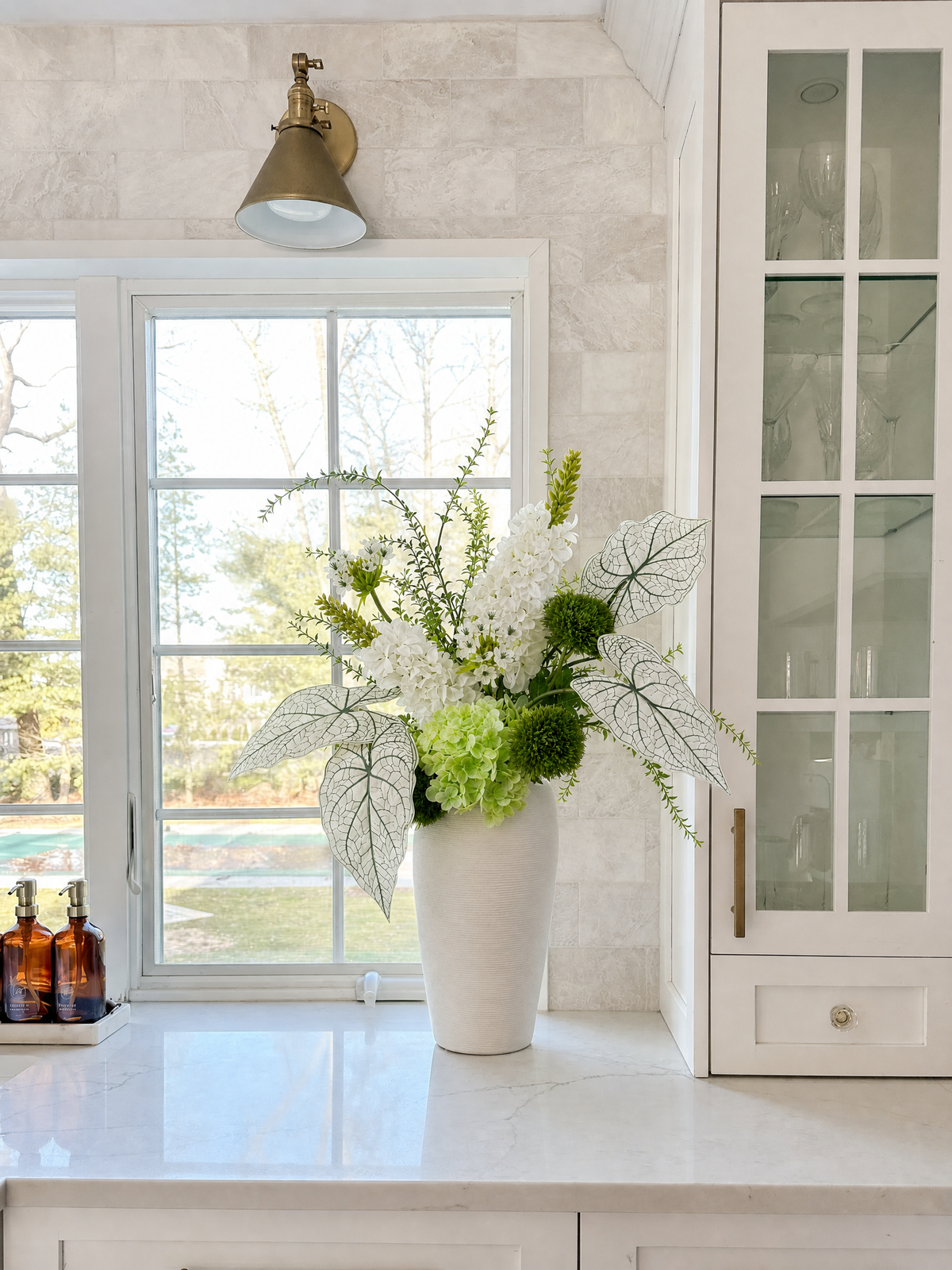 Green Hydrangea & Alocasia Faux Floral Arrangement