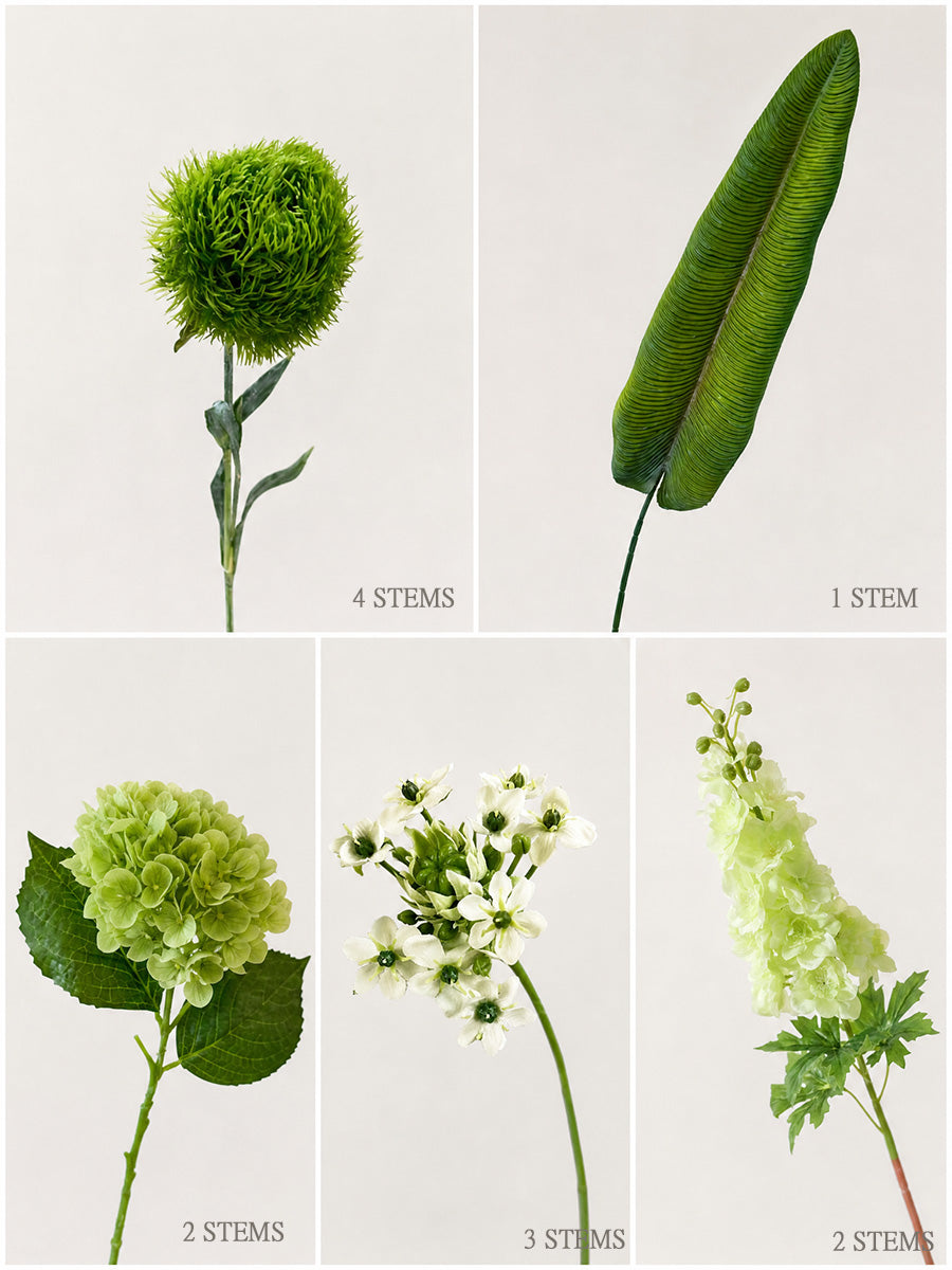 Green Hydrangea & Delphinium Faux Floral Arrangement details