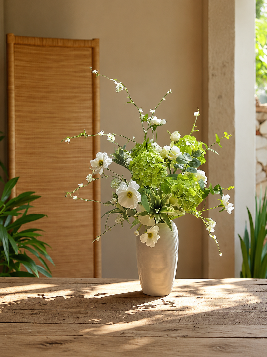 Green Hydrangea & White Flowers Faux Floral Arrangement