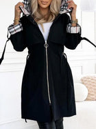 Hooded Plaid Print Long Trench Coat