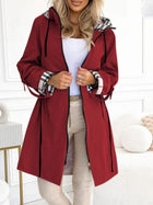 Hooded Plaid Print Long Trench Coat