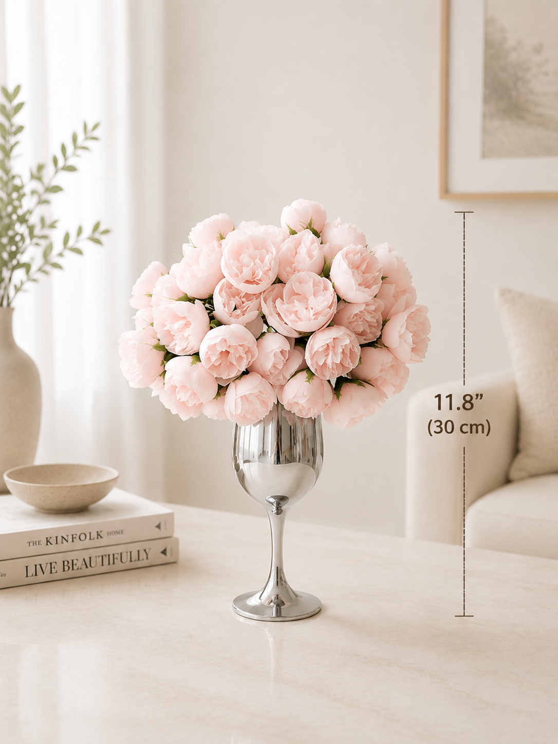 Luxury Blush Peony Faux Floral Arrangement with Goblet Vase details