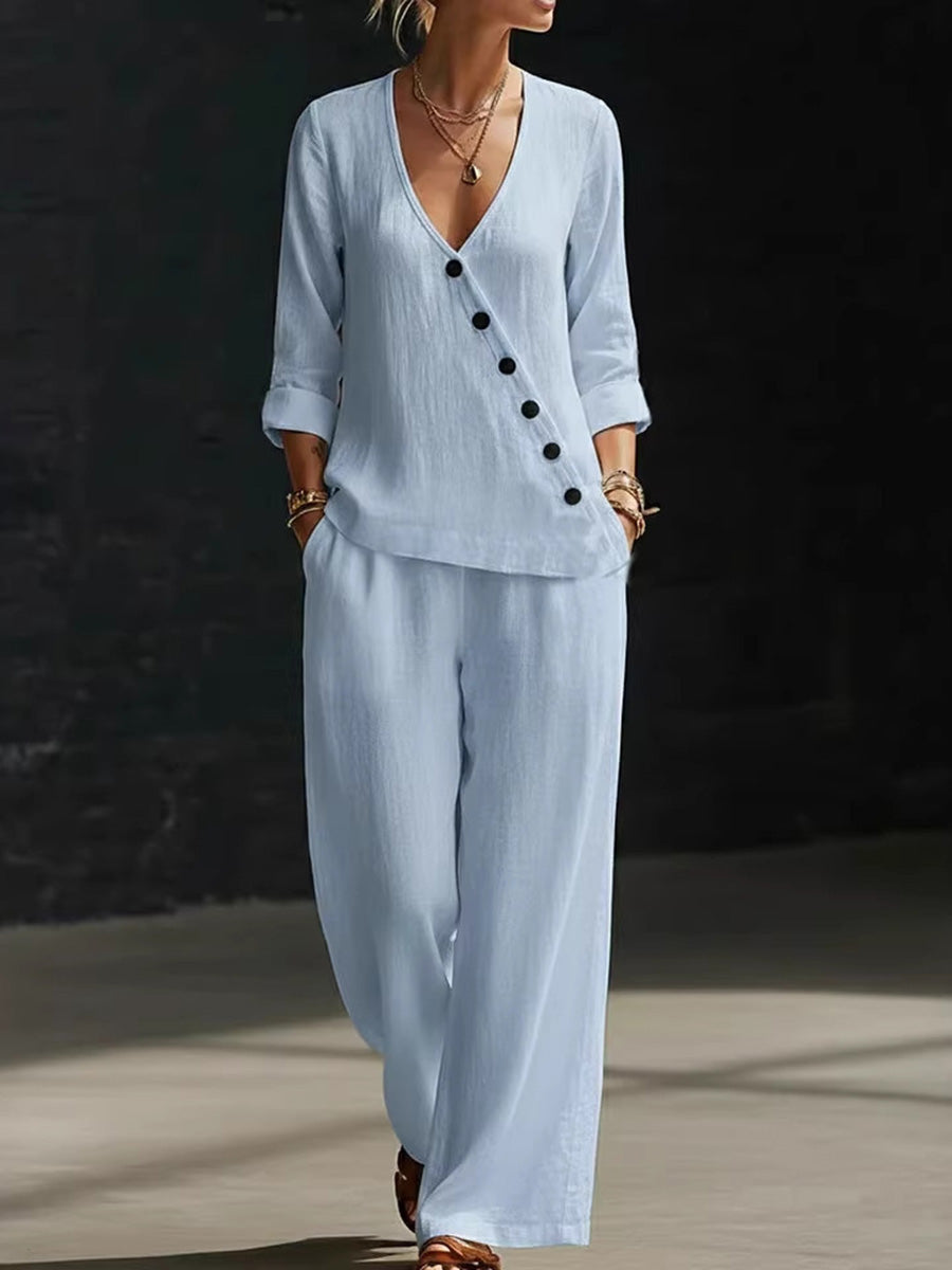 Minimalist Linen Blend Button Detail Two-Piece Set
