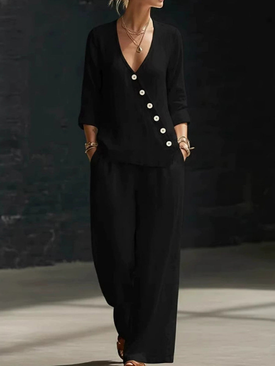 Minimalist Linen Blend Button Detail Two-Piece Set