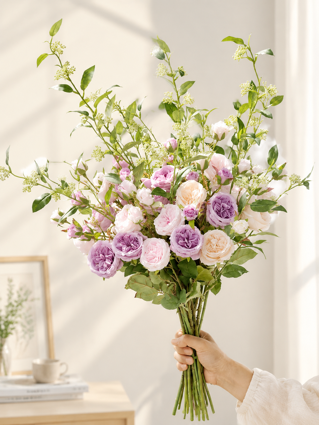 Pastel Austin Rose & Snow Willow Faux Floral Arrangement details
