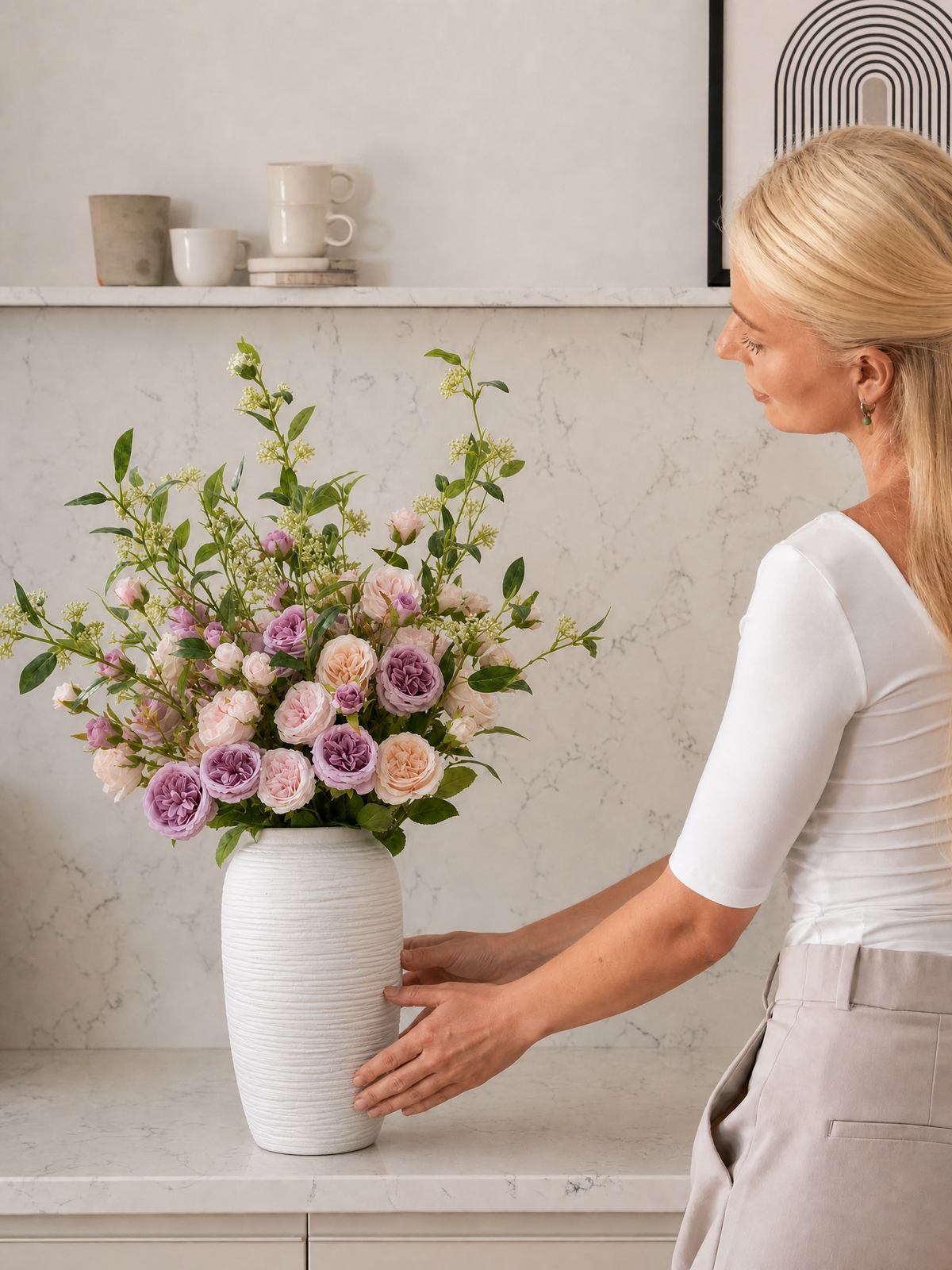 Pastel Austin Rose & Snow Willow Faux Floral Arrangement
