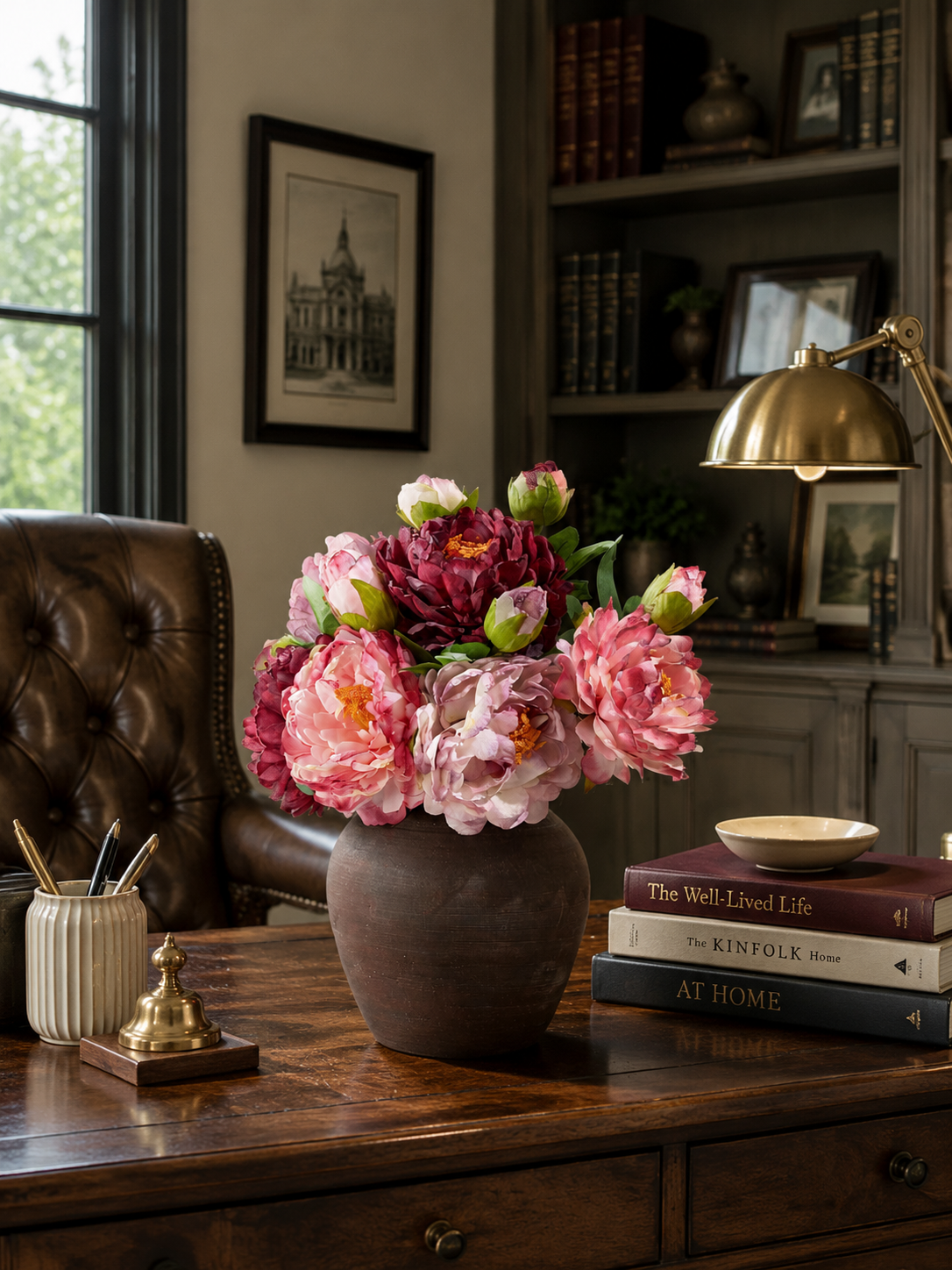 Pink & Burgundy Edge Peony Faux Floral Arrangement