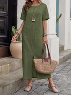 Relaxed Cotton-Linen Round Neck Maxi Dress