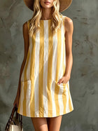 Retro Striped Sleeveless Cotton Linen Mini Dress