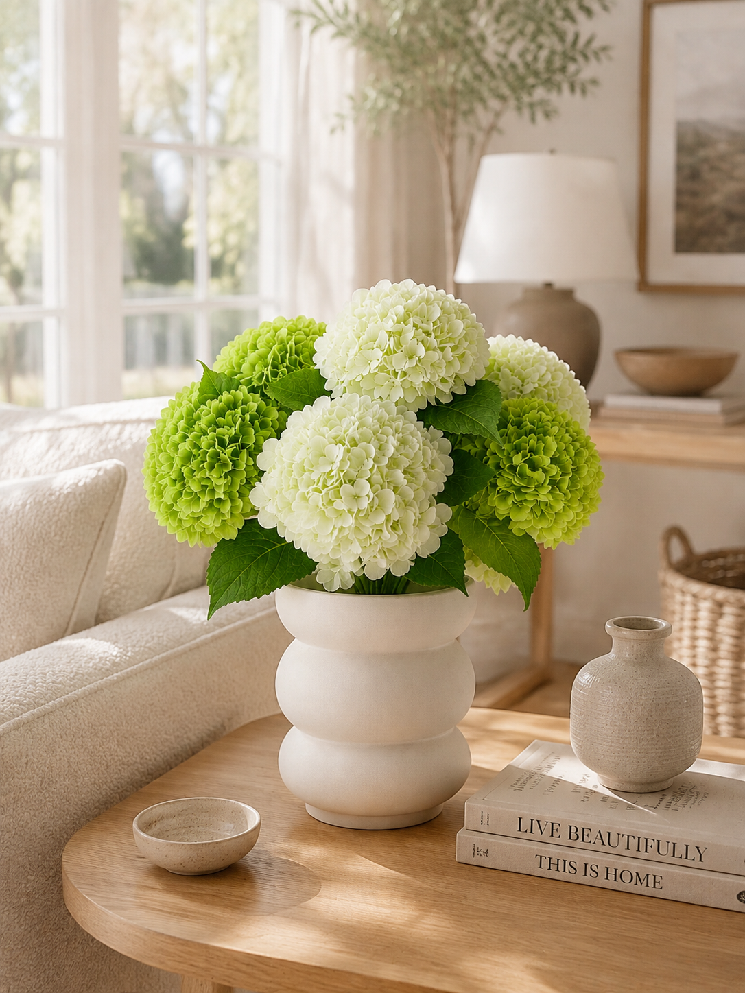 Soft Green Hydrangea Faux Floral Arrangement