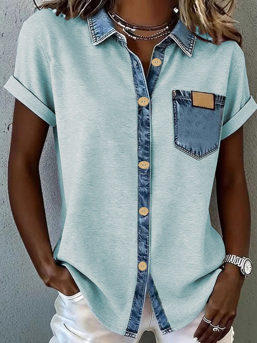 Vintage Color-Block Button-Up Blouse