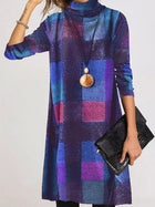 Warm High-Neck Long-Sleeve Plaid Dress
