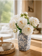 White Peony Bouquet with Blue and White Porcelain Vase