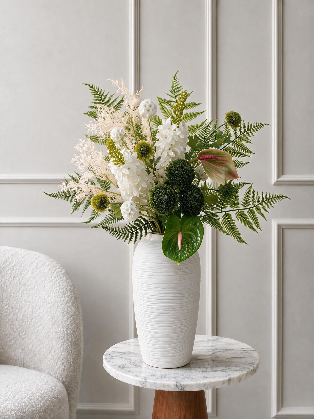 White Delphinium & Anthurium Faux Floral Arrangement
