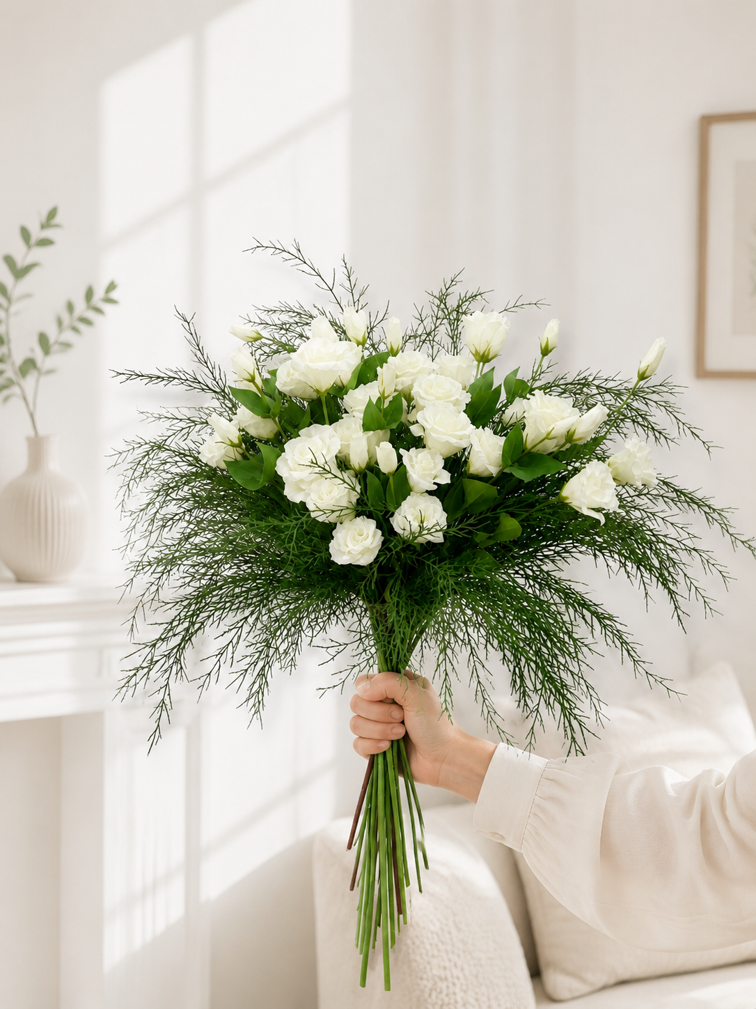 White Lisianthus & Greenery Faux Floral Arrangement details
