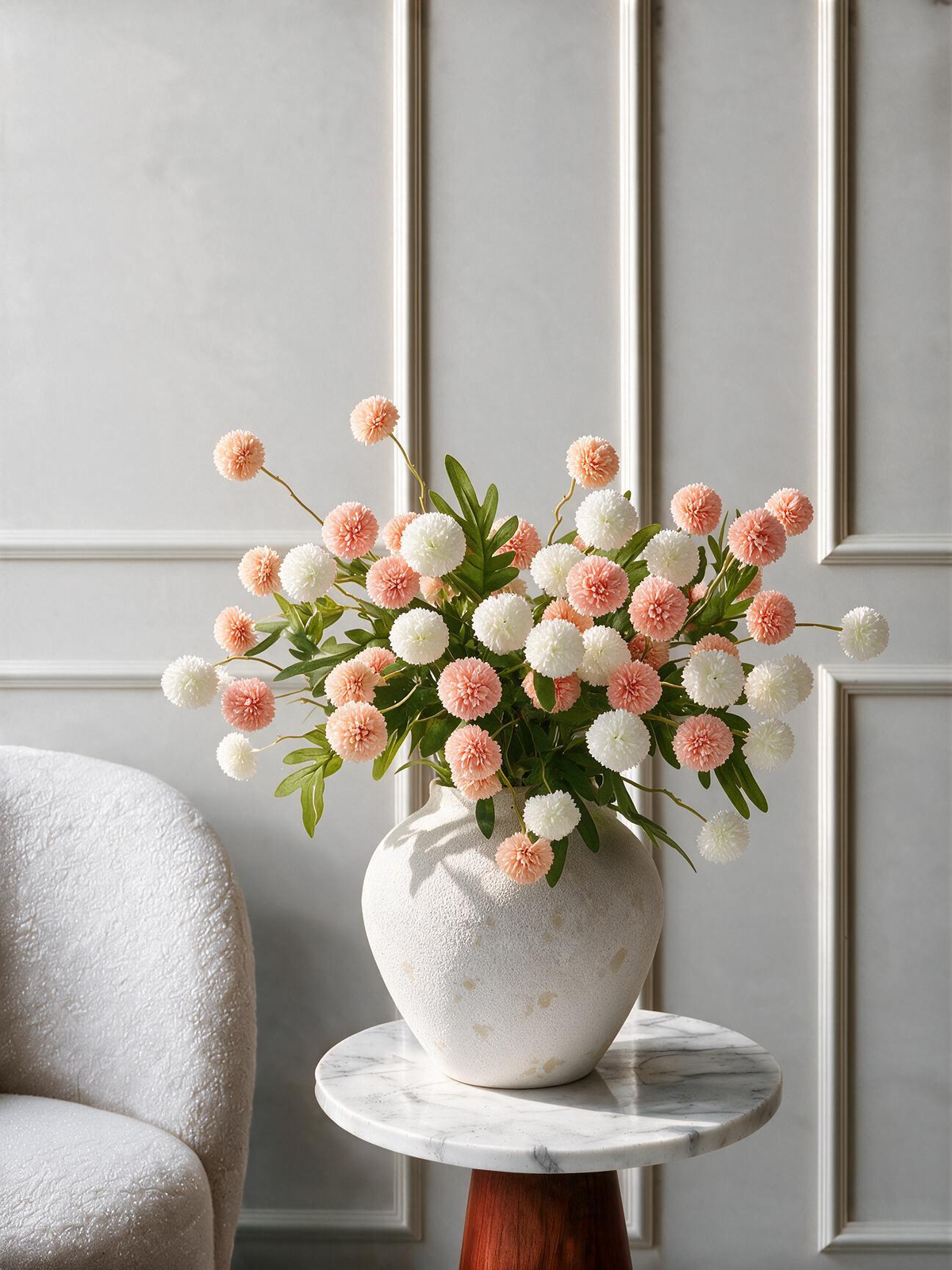 White & Orange Pompon Mum Faux Arrangement
