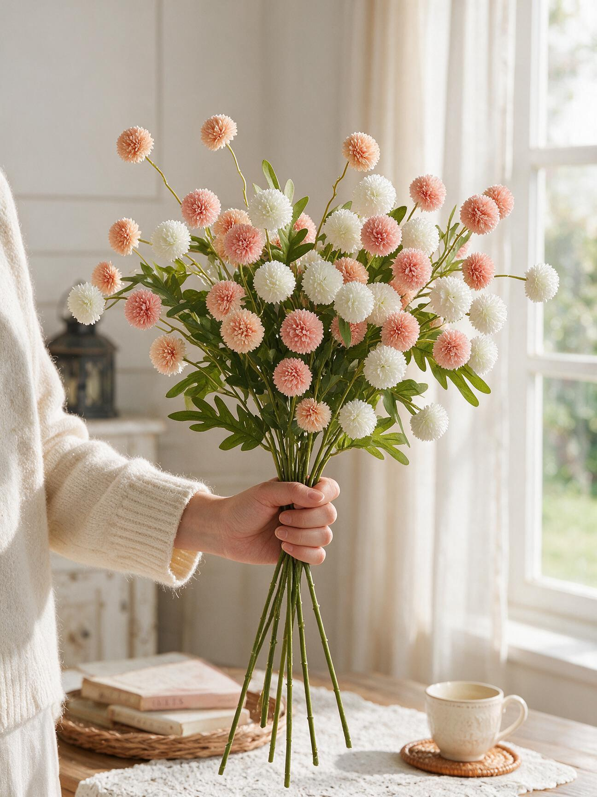 White & Orange Pompon Mum Faux Arrangement details
