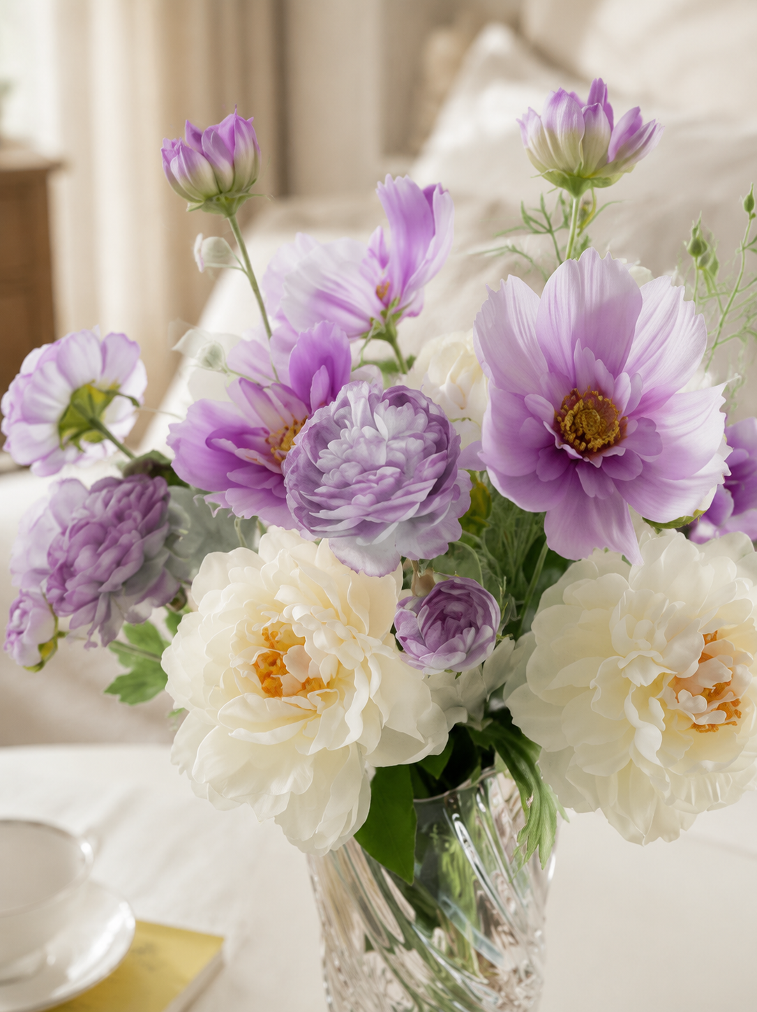 White Peony & Lavender Garden Faux Floral Arrangement