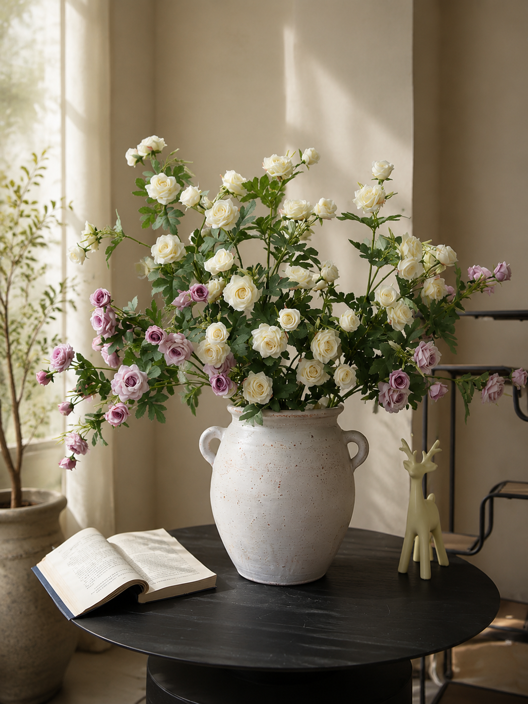 White & Purple Spray Rose Faux Floral Arrangement