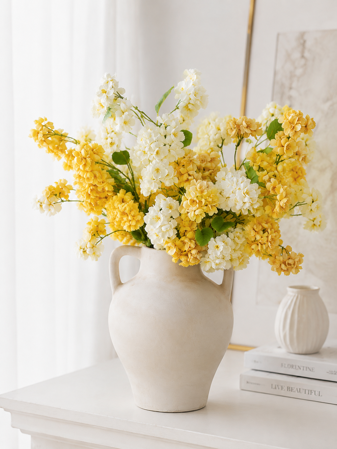 White & Yellow Cherry Blossom Faux Branch Arrangement