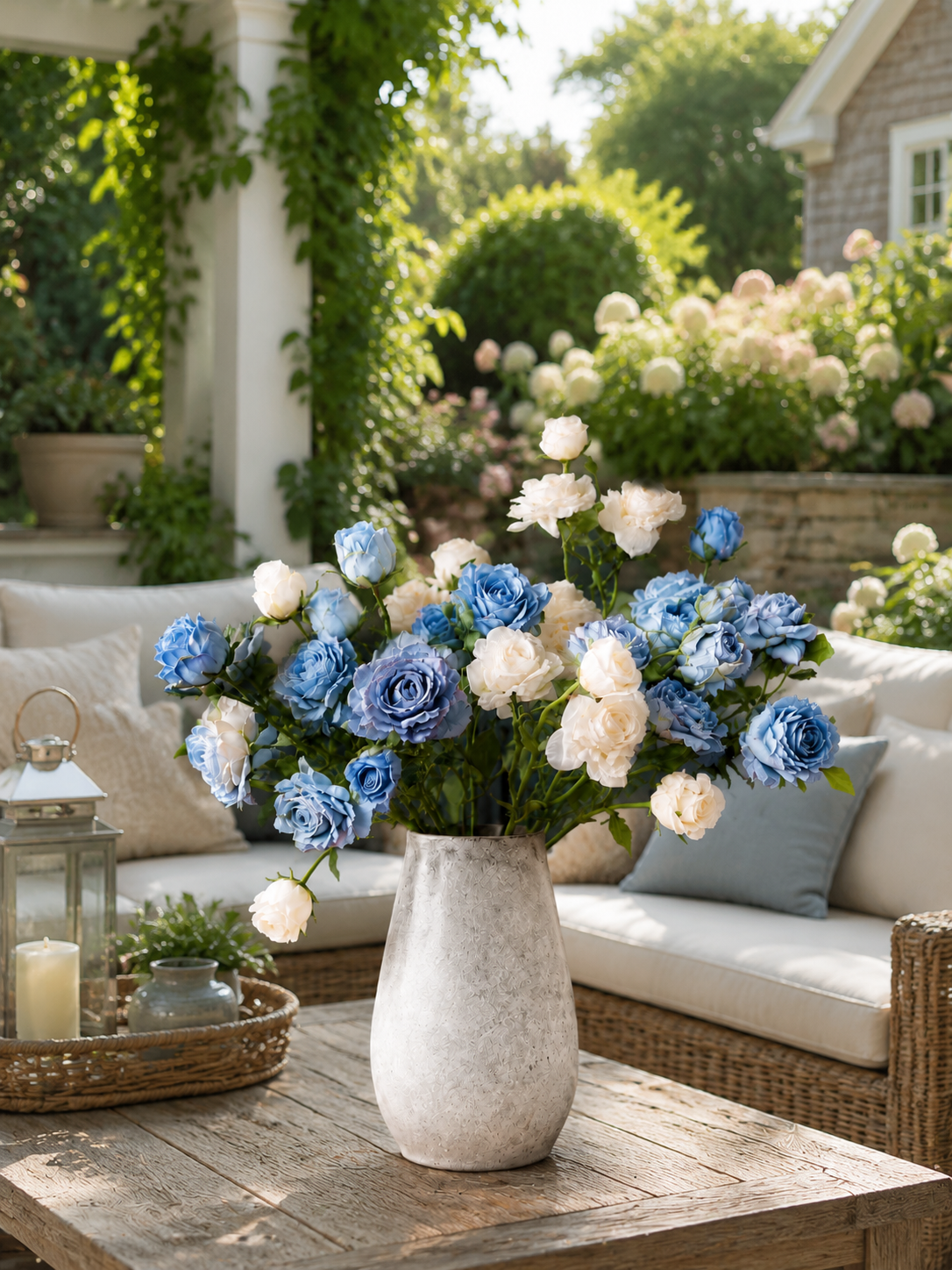 Vintage Blue & White Edge Rose Faux Floral Arrangement