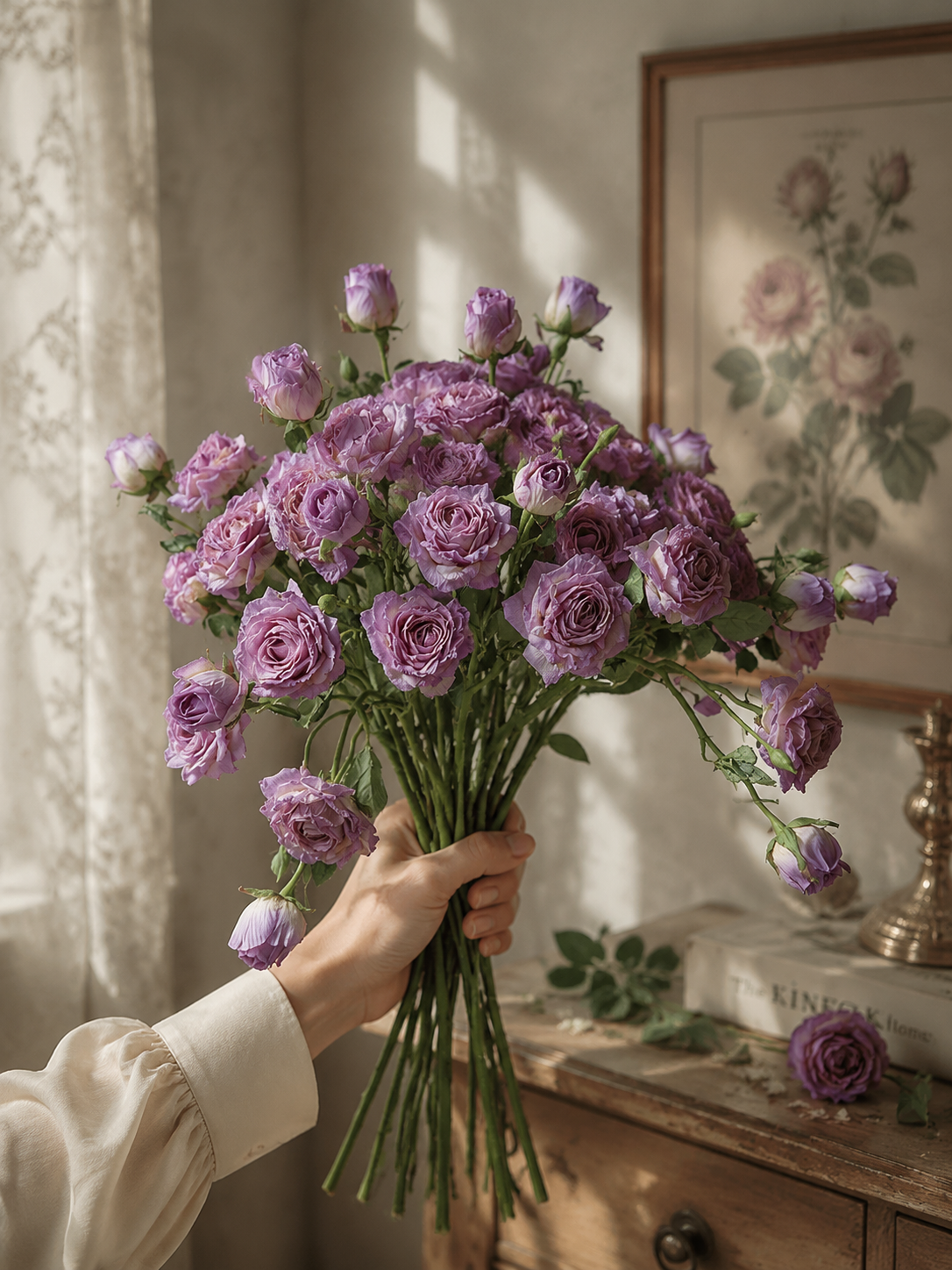 French Antique Purple Edge Rose Faux Floral Arrangement