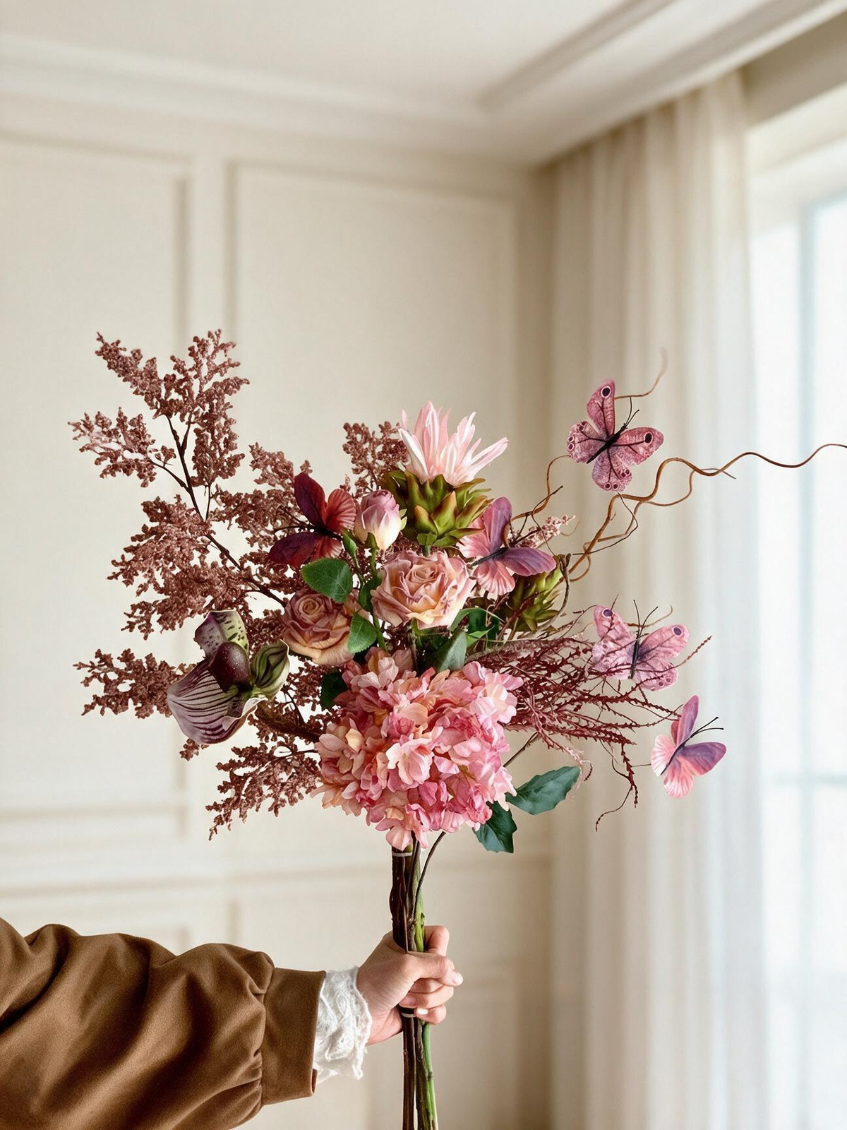 Vintage Pink Hydrangea & Rose Faux Floral Arrangement details